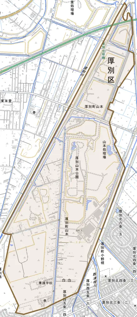 厚別町山本とその周辺の地図。町の範囲を重ねている