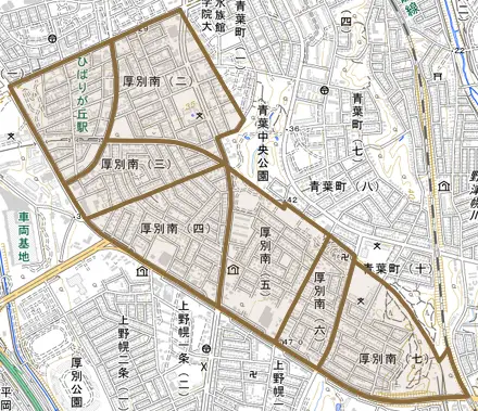 厚別南とその周辺の地図。町の範囲を重ねている