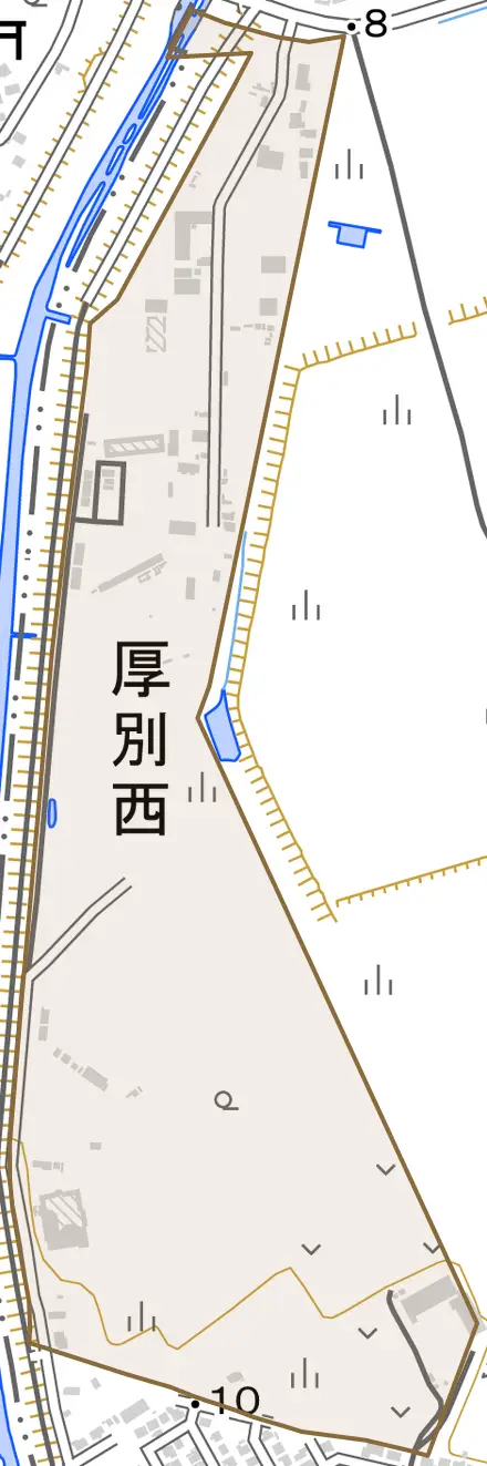 厚別西とその周辺の地図。町の範囲を重ねている