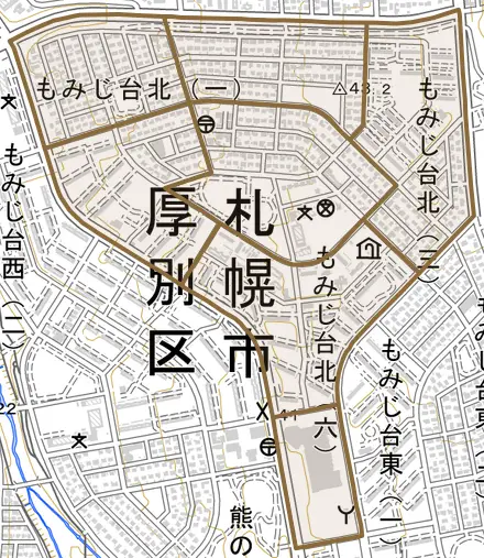 もみじ台北とその周辺の地図。町の範囲を重ねている