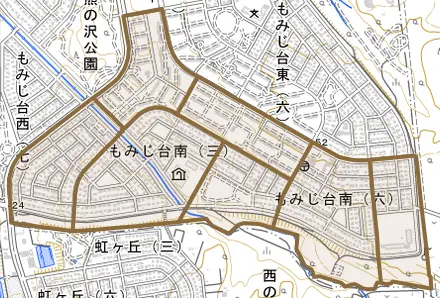 もみじ台南とその周辺の地図。町の範囲を重ねている