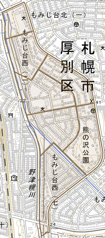 もみじ台西とその周辺の地図。町の範囲を重ねている