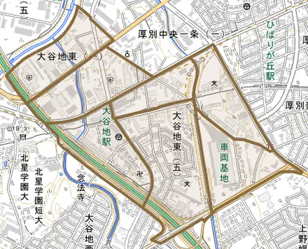 大谷地東とその周辺の地図。町の範囲を重ねている