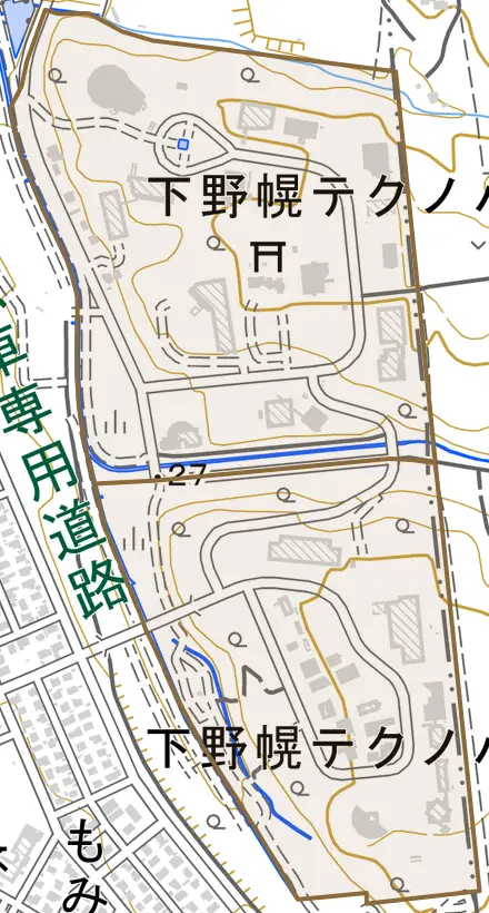 下野幌テクノパークとその周辺の地図。町の範囲を重ねている
