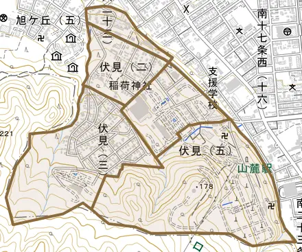 伏見とその周辺の地図。町の範囲を重ねている