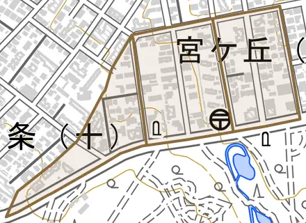 宮ケ丘とその周辺の地図。町の範囲を重ねている