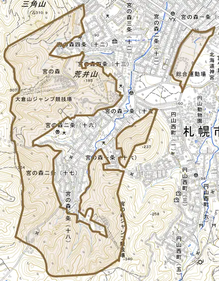 宮の森とその周辺の地図。町の範囲を重ねている