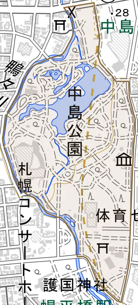 中島公園とその周辺の地図。町の範囲を重ねている