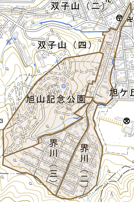 界川とその周辺の地図。町の範囲を重ねている