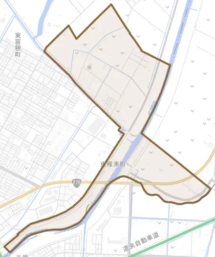 東雁来町とその周辺の地図。町の範囲を重ねている