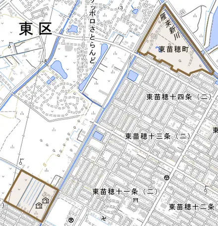 東苗穂町とその周辺の地図。町の範囲を重ねている
