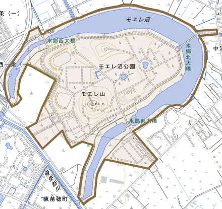 モエレ沼公園とその周辺の地図。町の範囲を重ねている
