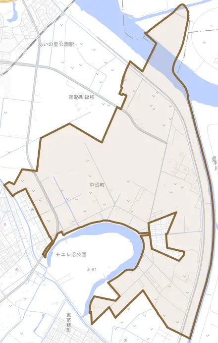 中沼町とその周辺の地図。町の範囲を重ねている