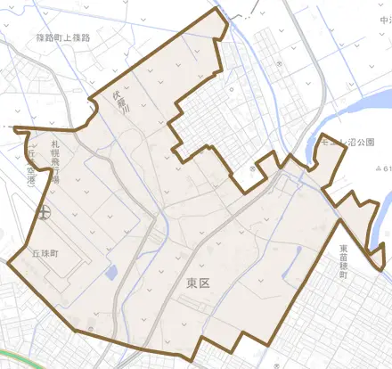 丘珠町とその周辺の地図。町の範囲を重ねている