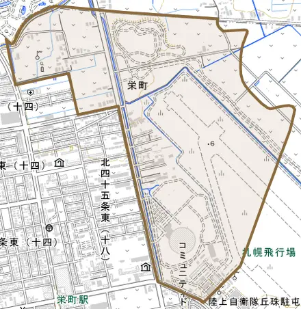 栄町とその周辺の地図。町の範囲を重ねている