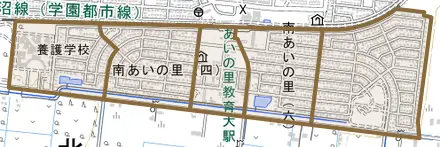 南あいの里とその周辺の地図。町の範囲を重ねている