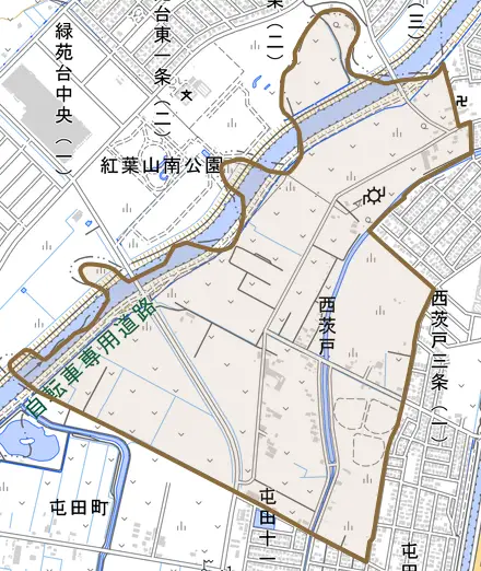 西茨戸とその周辺の地図。町の範囲を重ねている