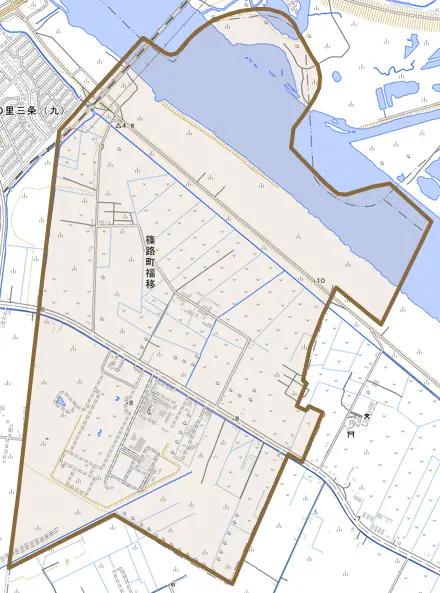 篠路町福移とその周辺の地図。町の範囲を重ねている