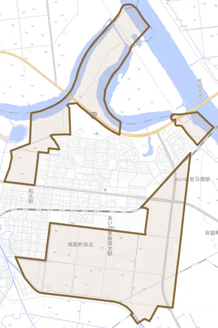 篠路町拓北とその周辺の地図。町の範囲を重ねている