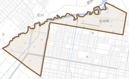 屯田町とその周辺の地図。町の範囲を重ねている