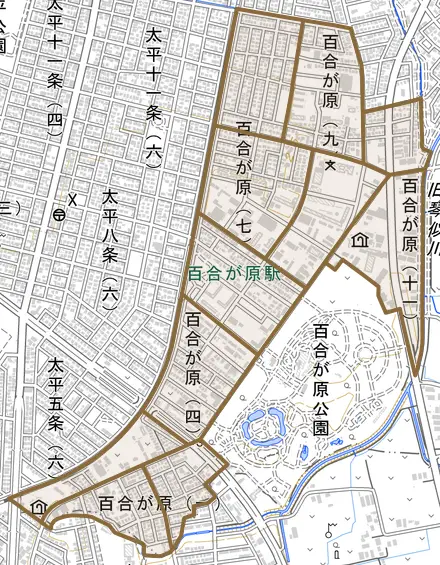百合が原とその周辺の地図。町の範囲を重ねている