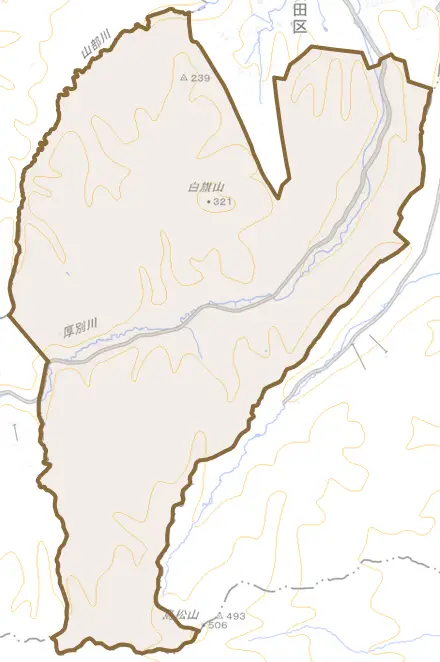 有明とその周辺の地図。町の範囲を重ねている