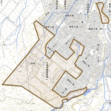 清田とその周辺の地図。町の範囲を重ねている