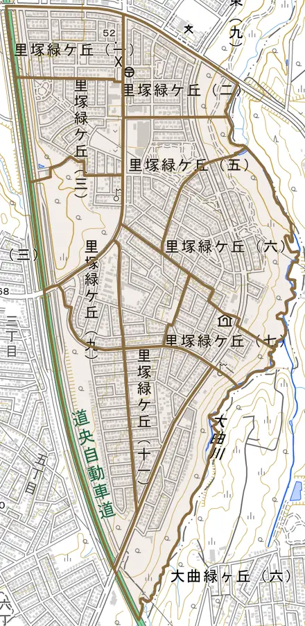 里塚緑ケ丘とその周辺の地図。町の範囲を重ねている