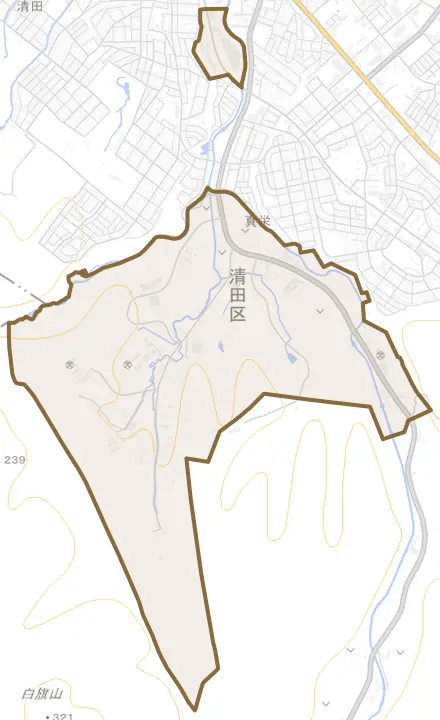 真栄とその周辺の地図。町の範囲を重ねている