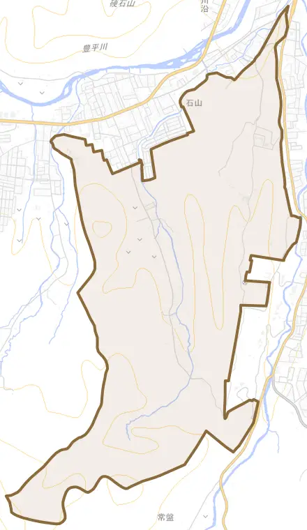 石山とその周辺の地図。町の範囲を重ねている