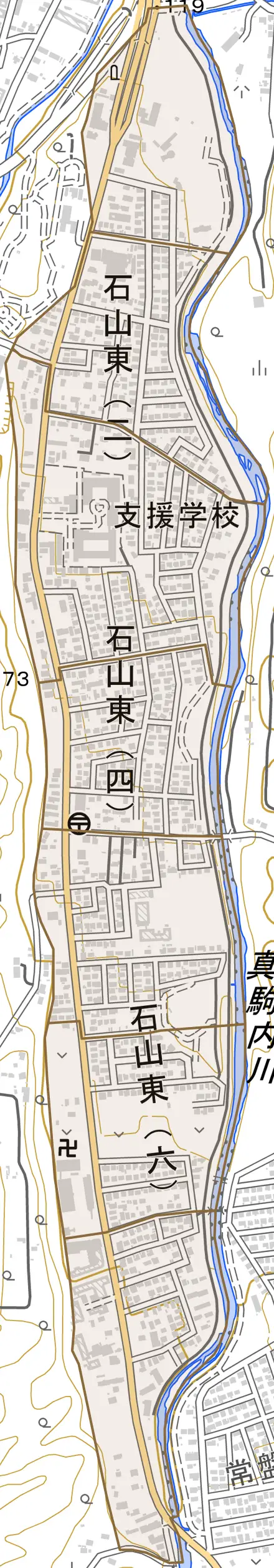 石山東とその周辺の地図。町の範囲を重ねている