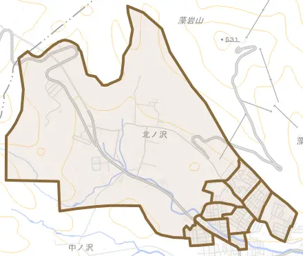 北ノ沢とその周辺の地図。町の範囲を重ねている