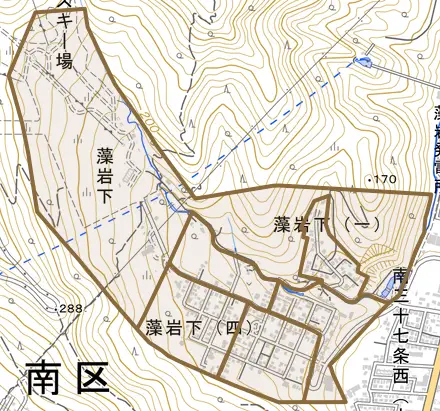 藻岩下とその周辺の地図。町の範囲を重ねている
