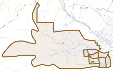 中ノ沢とその周辺の地図。町の範囲を重ねている