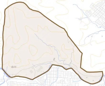 白川とその周辺の地図。町の範囲を重ねている