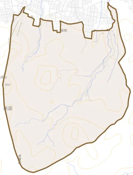藤野とその周辺の地図。町の範囲を重ねている
