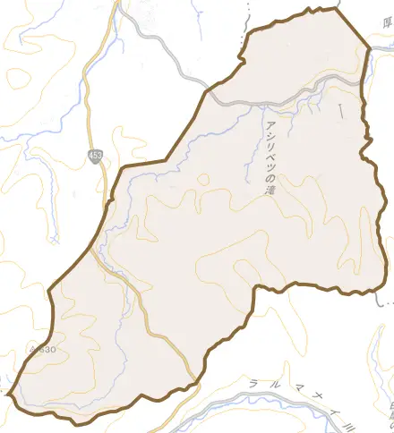 滝野とその周辺の地図。町の範囲を重ねている