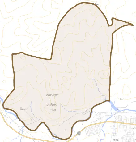 砥山とその周辺の地図。町の範囲を重ねている