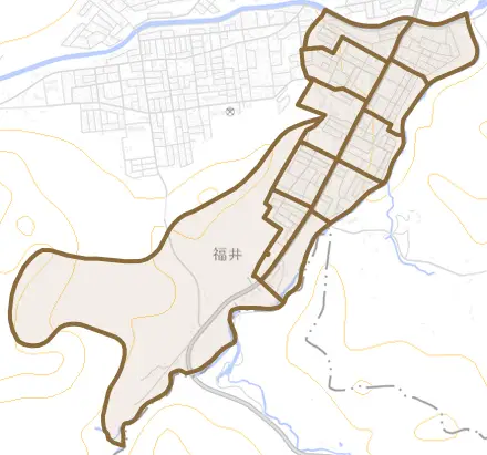 福井とその周辺の地図。町の範囲を重ねている