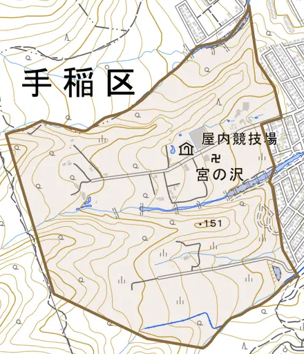宮の沢とその周辺の地図。町の範囲を重ねている