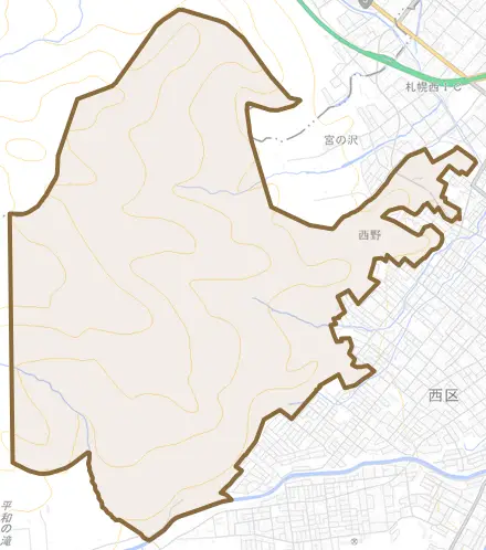 西野とその周辺の地図。町の範囲を重ねている