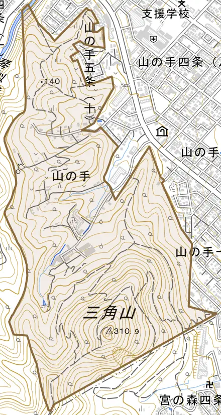 山の手とその周辺の地図。町の範囲を重ねている
