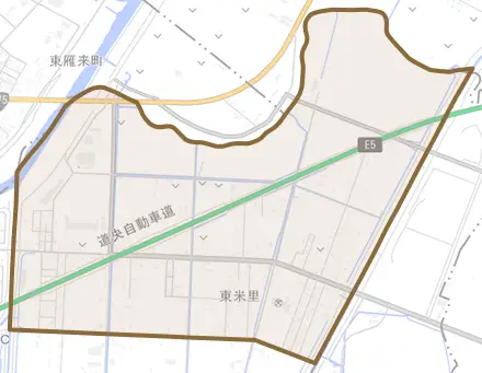東米里とその周辺の地図。町の範囲を重ねている