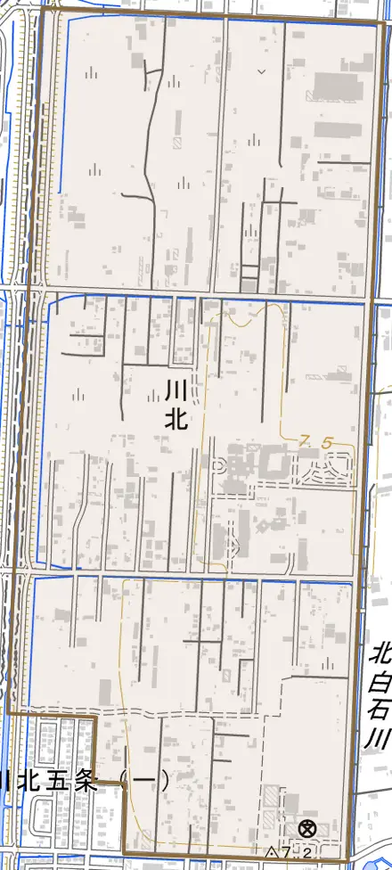 川北とその周辺の地図。町の範囲を重ねている