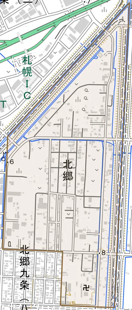 北郷とその周辺の地図。町の範囲を重ねている