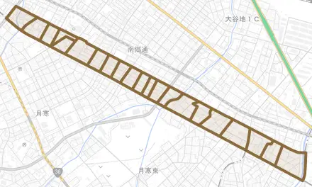 栄通とその周辺の地図。町の範囲を重ねている