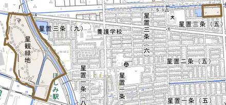 手稲星置とその周辺の地図。町の範囲を重ねている