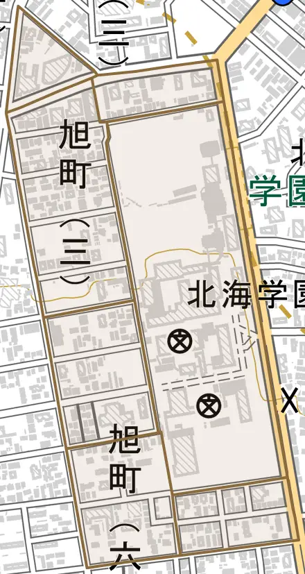 旭町とその周辺の地図。町の範囲を重ねている