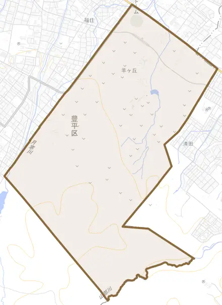 羊ケ丘とその周辺の地図。町の範囲を重ねている