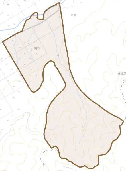 字朝日とその周辺の地図。町の範囲を重ねている